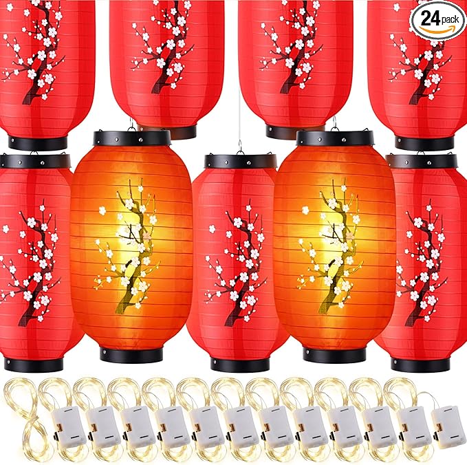 Baquler 24 Pcs Japanese Cherry Blossom Silk Lanterns 8 x 14 Inch Hanging Sakura Lantern Decorations for Wedding Party Restaurant Festival Decor Including 12 Lanterns and 12 Lights(Plum Bossom)
