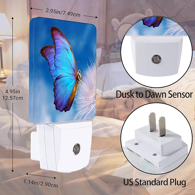Blue Butterfly Night Light, Dandelion Night Lights Plug into Wall Decor for Bedroom, Bathroom, Hallway, Kitchen, Dusk to Dawn Sensor Nightlights for Girls Women Room Gifts
