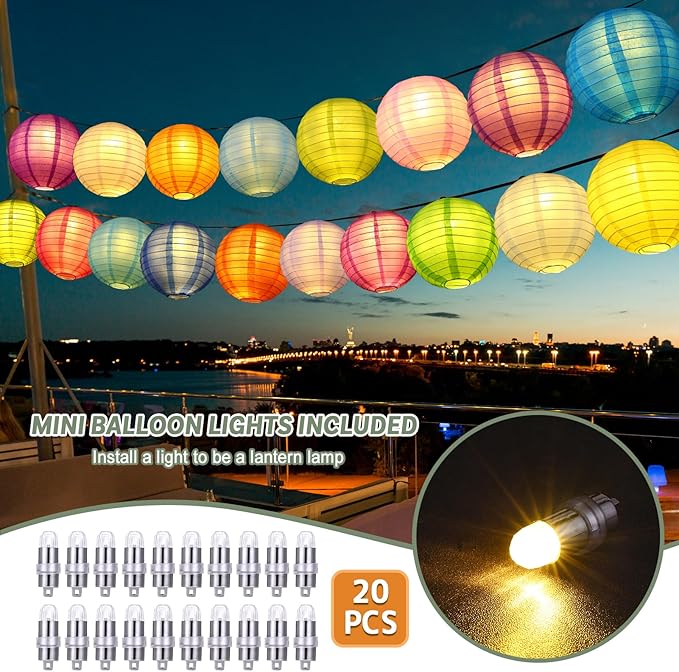 LIHAO 20PCS Colorful Paper Lanterns with Lights, Hanging Chinese Paper Lanterns for Party Decorations Weddings Birthday New Year Outdoor Home Indoor (8 inches)