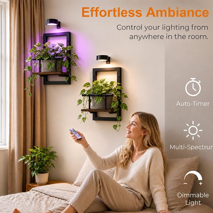 2 Pack Plant Wall Shelf with Grow Light, Wall Mounted Indoor Plant Shelf | Rechargeable Cordless Magnetic Grow Light with Remote Timer Dimming, Floating Plant Shelf for Living Room Office Decor