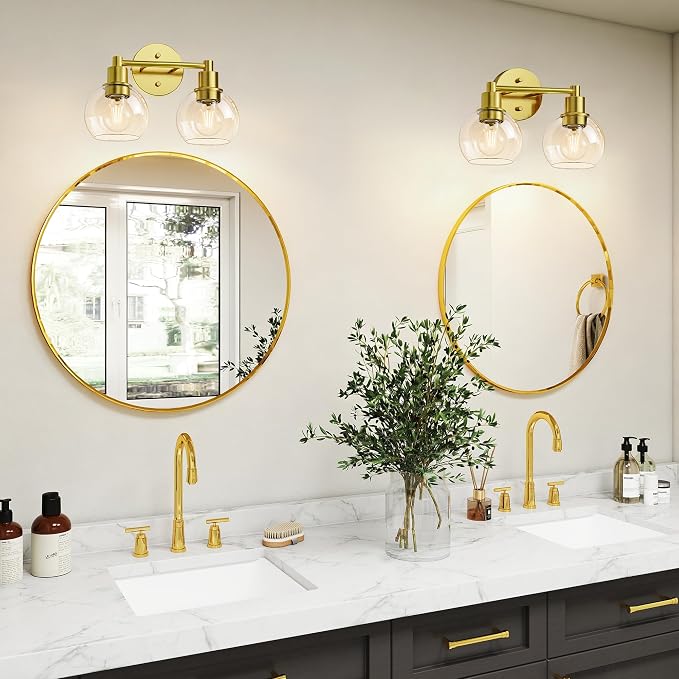 2 Light Bathroom Light Fixtures, Brushed Brass Bathroom Vanity Lights, Modern Vanity Lights 2-Light Globe Bathroom Vanity Lighting Fixture Over Mirror