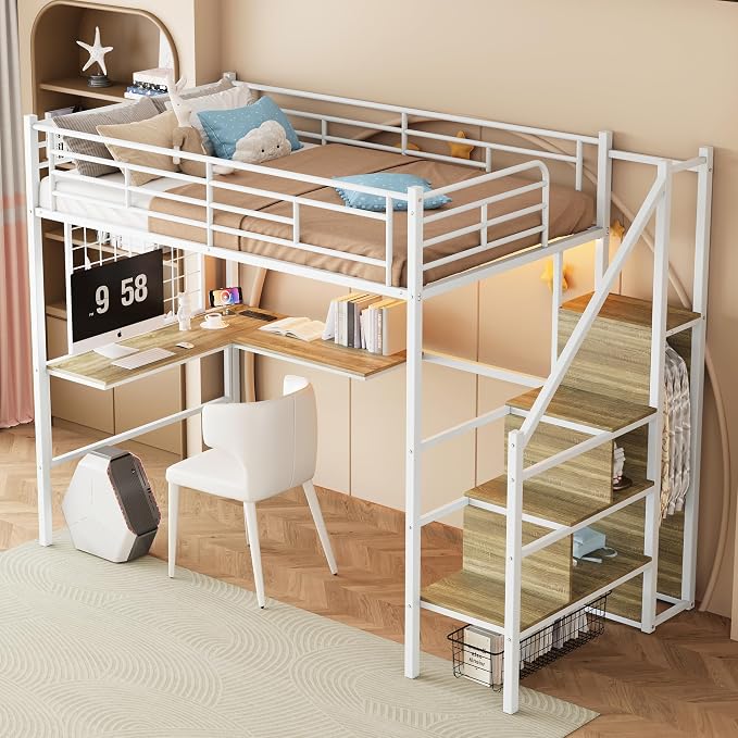 Twin Size Metal Loft Bed with Reversible Stairs & L-Shaped Desk,White | Storage Stairs,Wardrobe,L-Shaped Desk,USB Charging Station,Space-Saving for boys & Girls, Noise-Free, No Box Spring Needed