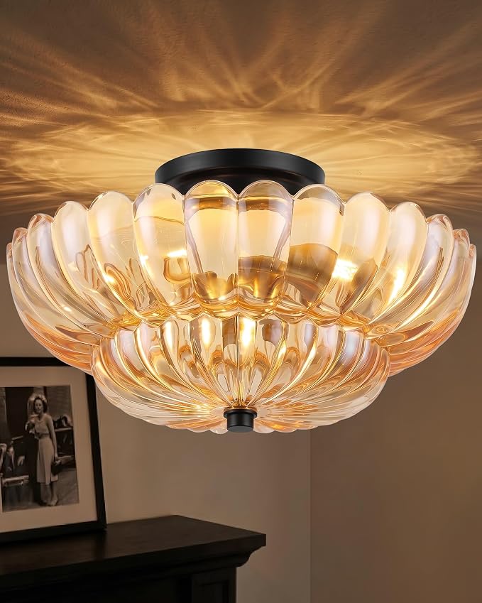 Semi Flush Mount Ceiling Light Fixture 14" Vinatge Black Ceiling Lights Mid Century Modern Glass Close to Ceiling Lighting Fixtures for Bedroom Hallway Kitchen Laundry Room Bathroom Foyer