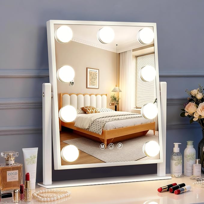 Makeup mirror with lights,Hollywood Vanity Mirror with 9 LED Bulbs，12" x 13.2" Plug in Makeup Mirror for Desk,Smart Touch Control 3Colors Dimmable, light up mirror for makeup,Bedroom,Tabletop,White
