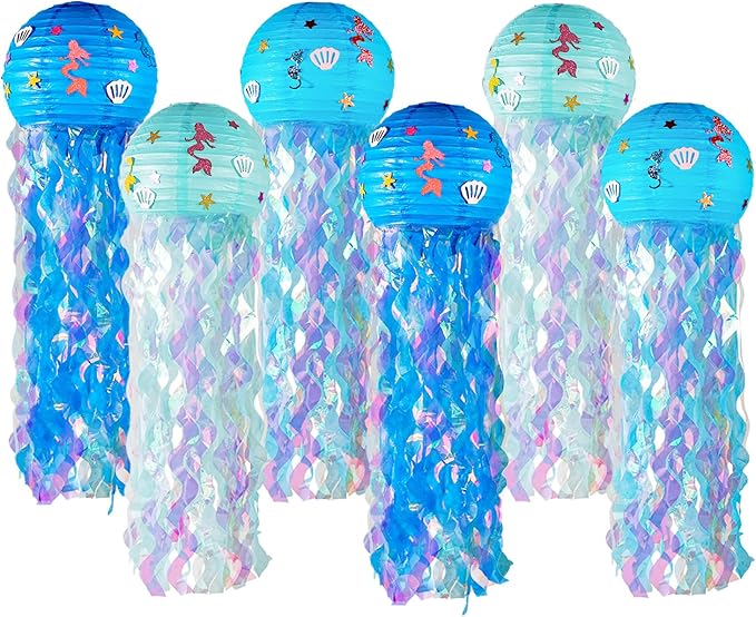 12" Blue Jellyfish Lanterns - Mermaid Birthday Decorations, Under the Sea Party Supplies, Ocean Theme Hanging Jellyfish Decor for Classroom, Nautical Events, and Underwater Adventure (Set of 6)