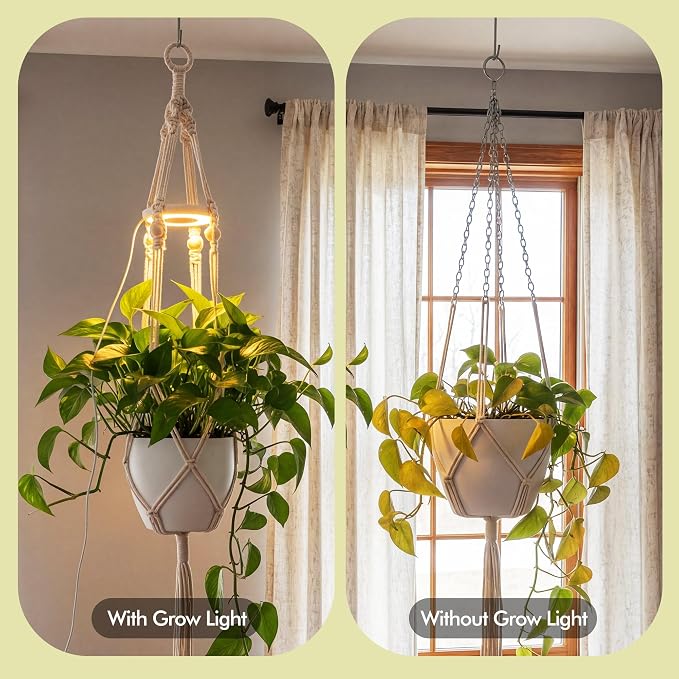 2 Pack Hanging Plant Grow Lights for Indoor Plants with Timer, Wall Mounted Full Spectrum Pendant Growing Light with Macrame Plant Hanger, Ceiling LED Planta Luz for Potted Plants Home Decor