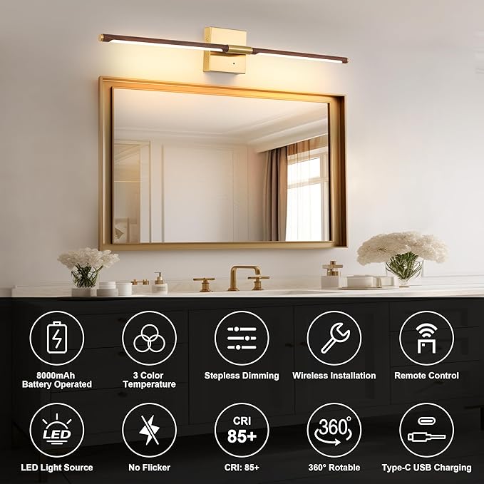 30″ Walnut Battery Operated Wall Sconces with Remote Control, Rechargeable Wall Sconces Set of 2, LED Sconces Wall Lighting, Wireless Wall Lights for Bedroom, Living Room, Background Wall