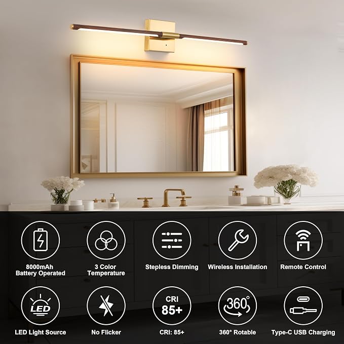 Morauroral Walnut Gold Battery Operated Wall Sconce with Remote Control, Rechargeable Wall Sconces Set of 2, LED Wireless Wall Light, Modern Sconce Wall Decor for Bedroom, Living Room