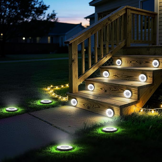 Joomer 2-in-1 Solar Lights Outdoor Waterproof, 4 Pack 8 LED, White | Solar Powered Garden Lights Ground Disc Landscape Lighting for Patio Pathway Lawn Yard Driveway Walkway Deck Step
