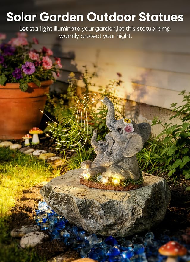 Brightown Solar-Elephant-Garden-Decor-Statue with Succulent & Watering LED Lights, Waterproof Outdoor Decor for Patio, Lawn, Balcony & Yard Decorations Outdoor, Unique Mothers Day Gifts for Mom Women