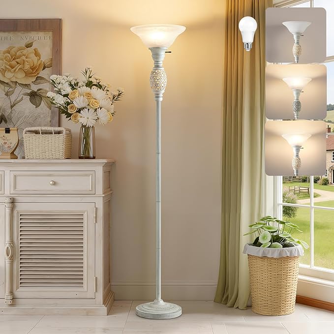70" Torchiere Floor Lamp with NightLight, Etched Glass Shade, Bulb Included | Floor Lamps for Living Room, Bedroom, Office - vintage floor lamp with Rotary Switch , Home Decor, Bulb Included