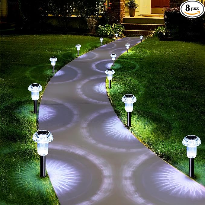 Priddop 8 Pack Solar Pathway Lights Outdoor Waterproof 6000K Cool White LED | Auto On/Off Mushroom Stake Lights for Yard Patio Lawn Driveway Walkway Garden Decor, Acrylic/ABS Landscape Path Lights