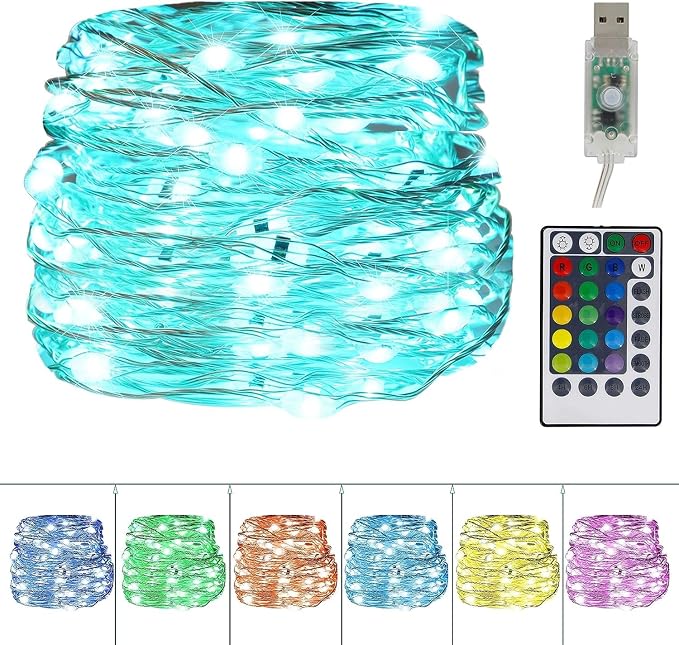 Twinkle Star Color-Changing Fairy Lights, 33Ft 100 LED, 16 Colors | Waterproof Mini String Lights, USB Silver Wire Lights with Adapter, For Bedroom Garden Party Wedding Christmas Decor