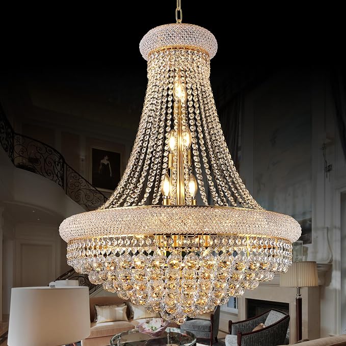 28" W 15 Light Luxury Foyer Chandeliers, Unique Empire K9 Crystal Chandelier for High Ceiling Foyer Entryway Living Room (Gold)