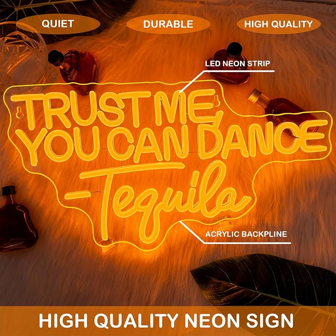 Trust Me You can Dance Tequila Neon Sign Yellow Letter Neon Lights Vibrant Orange Neon Bar Signs for Wall Decor USB Light Up Sign for Home Bar Man Cave Party Club Restaurant