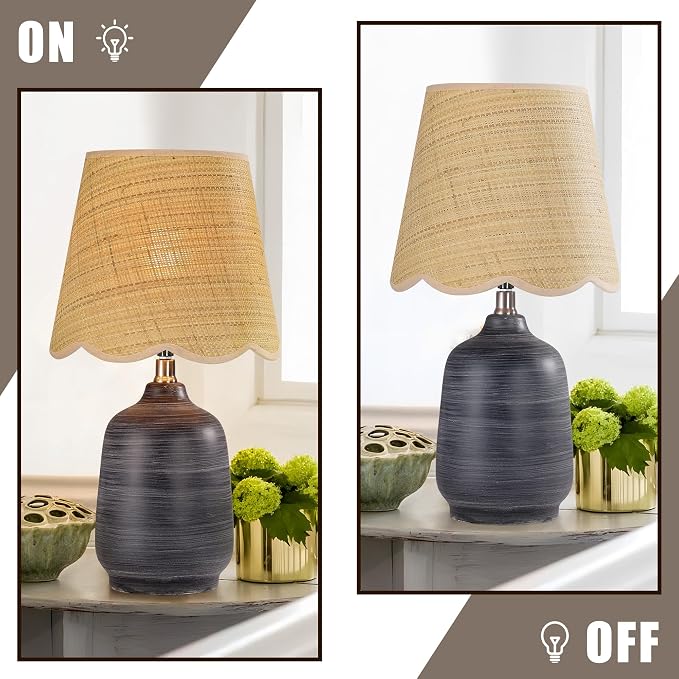 19" Modern Ceramic Table Lamp for Living Room Cream Base Desk Lamps for Bedroom Farmhouse Bedside Nightstand Lamp End Table Lamps,White Striped Black Base,Rattan Shade