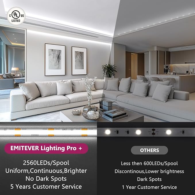 EMITEVER COB LED Strip Lights 5000K 24V, 16.4ft/5m, 2560LEDs, UL Listed | White Tape Light Premium High Density,for Bedroom,Kitchen,Cabinet,360+Lumens/ft,Ra 90+ (Power Supply Sold Separately)