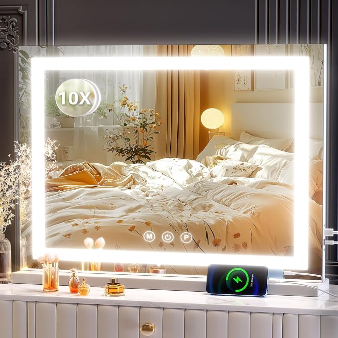 Gvnkvn Makeup Vanity Mirror with USB Charging Port 24" x 19" Large LED Makeup Mirror, Desk Mirorr with Lights, Light up Mirror with 10X Magnification and, Dimmable 3 Modes, Touch Control White