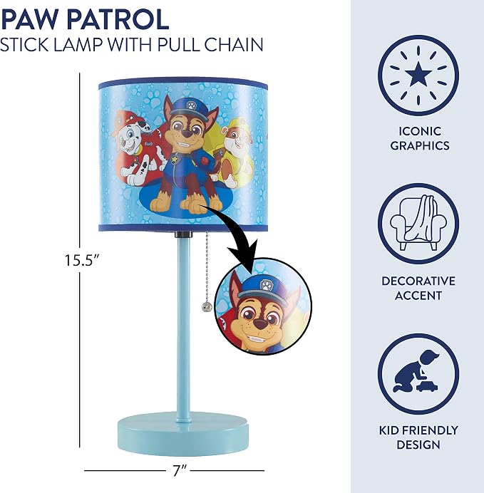 Nickelodeon Paw Patrol Kids Table Lamp with Pull Chain, Stick Lamp Featuring Chase, Rubble & Marshall, Decorative Printed Shade for Bedroom, Playroom or Nursery Lighting