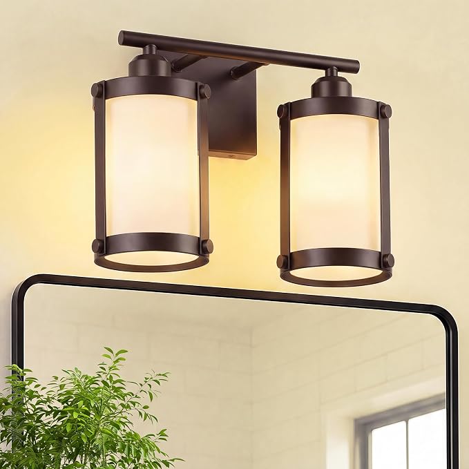 2-Light Oil Rubbed Bronze Bathroom Light Fixtures Over Mirror with Frosted Milk Glass and Metal Cage Shade, 13.2" UL-Listed Modern Farmhouse Wall Sconce for Bath, Hardwire E26, OS-3014ORBW-2W