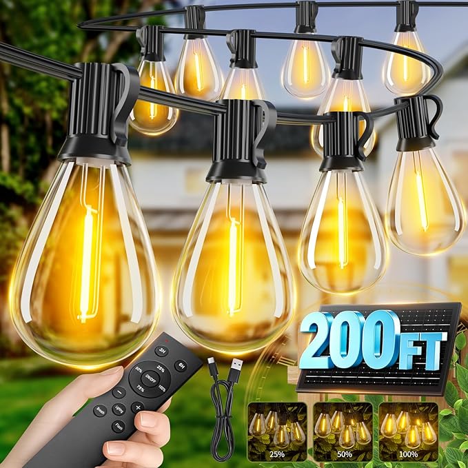 200FT Solar String Lights Outdoor Waterproof, 72+2 LED Solar Powered Lights with Remote Control, 3 Light Modes & Dimmable, USB-C Charging for Patio, Backyard, Garden, Camping