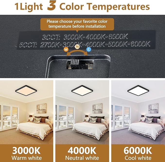 12 Inch 6PK Square LED Flush Mount Ceiling Light, 30W, 3000LM 3000K/4000K/6000K CCT Selectable, Square LED Flat Panel Ceiling Light Fixture for Bedroom,Kitchen,Living Room (Black)
