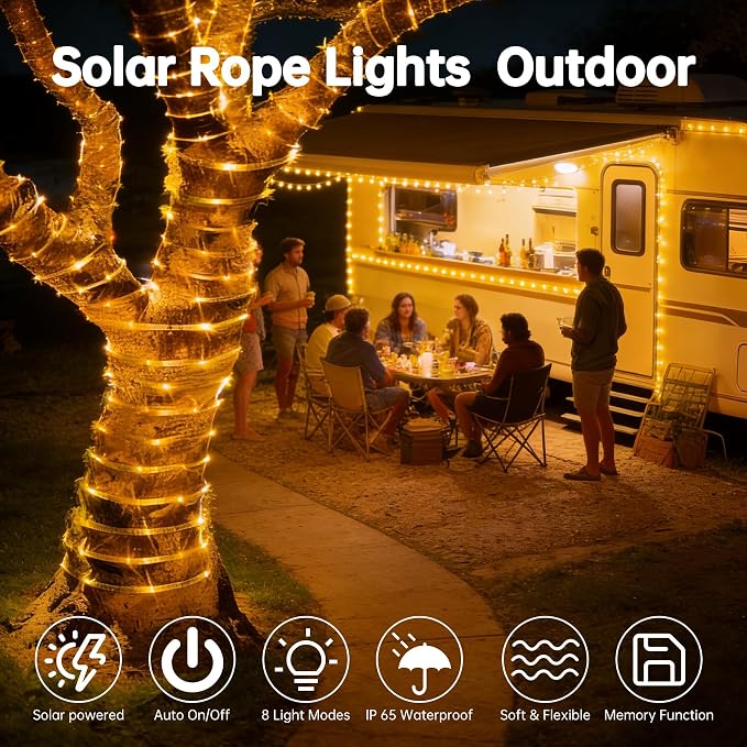 Solar Roep Lights for outside, 33ft 100 LED Solar string Lights with 8 Modes, Waterproof Solar Outdoor Light for Patio Garden Party Tree Proch Pool Fence Outdoor Holiday Xmas Decor-Warm White