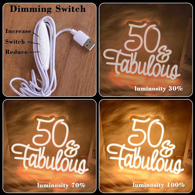 50 Fabulous Neon Light Fifty Years Old Neon Sign for 50th Wedding Anniversary Birthday Party Decorations Warm White LED Light for Wife, Mom, Daughter, Sister, Aunt, Best Friends, BFF, Coworkers