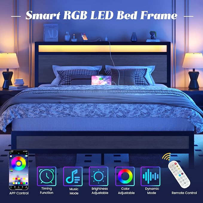 Fluest Queen Bed Frame with Headboard & Footboard, Bed Frame with Built-in Charging Station & LED Light, Storage Shelf, Noise-Free, No Box Spring Needed, Easy Assembly, Rustic Grey