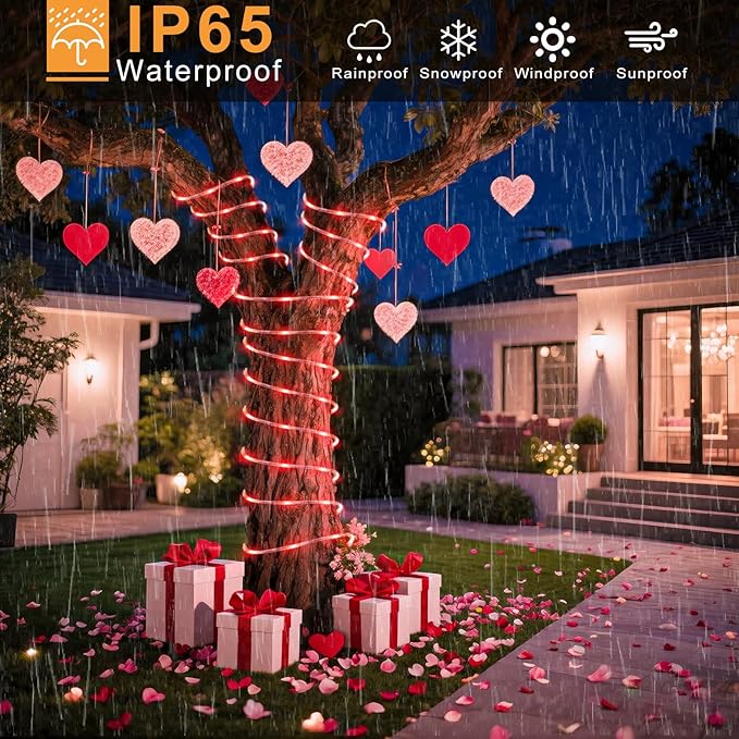2 Pack Solar Rope Lights Outdoor Waterproof, Total 66FT 270 LED Solar String Lights for Outside, 8 Modes Solar Powered Fairy Light for Patio Trampoline Garden Pool Pathway Tree Decorations, Red