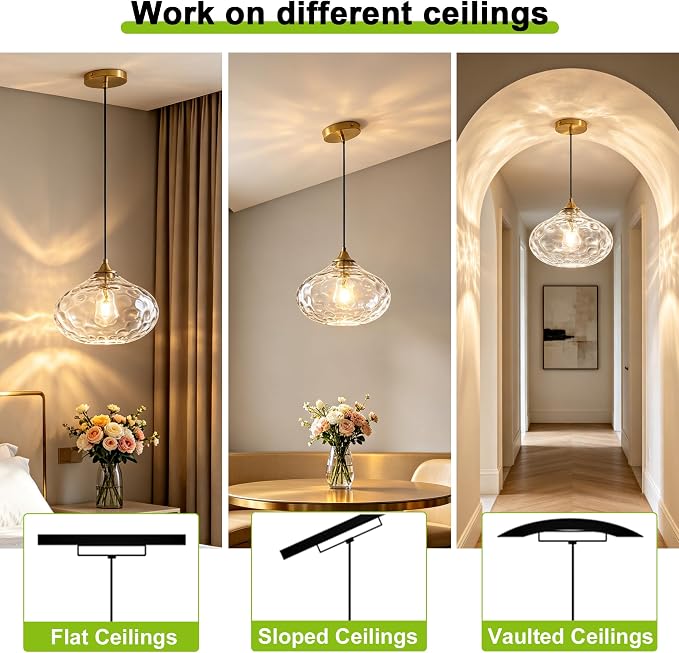 11in Gold Pendant Lights Kitchen Island with Hammered Clear Glass Shade 1PC | Handcrafted Glass Pendant Light Fixtures, UL Certified, E26 Base 100W Max, Height-Adjustable, Dimmable Hanging Pendant Light