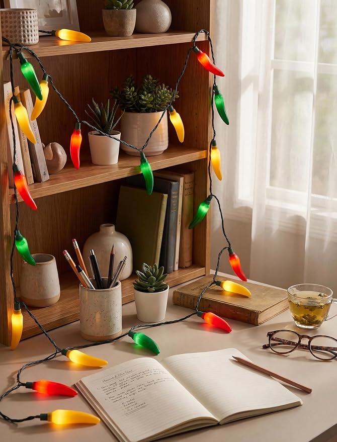 35 LED Chili Pepper Christmas Lights, 13.6Ft Camping String Lights | Multicolor, Plug in, Shatterproof, Connectable, Indoor Fairy Lights for Cook Off, Outdoor Patio Summer Decor, Green Wire