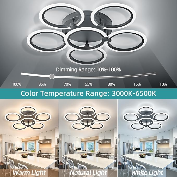 LED Ceiling Light, 6-Ring Modern Flush Mount Fixture, 77W Dimmable 3000K–6500K, Black Ceiling Light with Remote for Living Room Bedroom Kitchen (28.9")