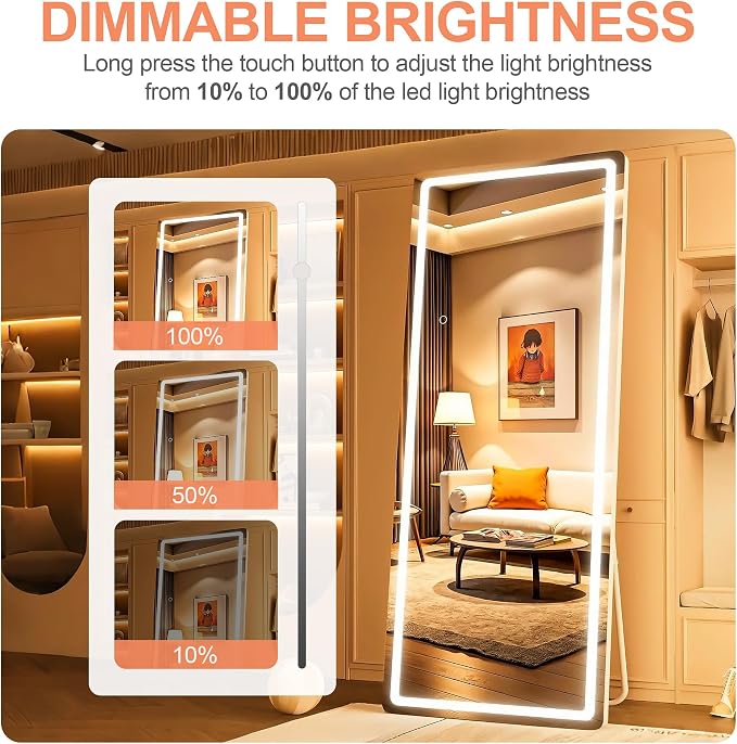 Full Length Mirror with Lights, 56" x 15.8" LED Lighted Floor Standing Body Mirror, Dimmable & 3 Color Lighting Cloakroom, Dressing Room, Tempered Glass, Rounded Corner White