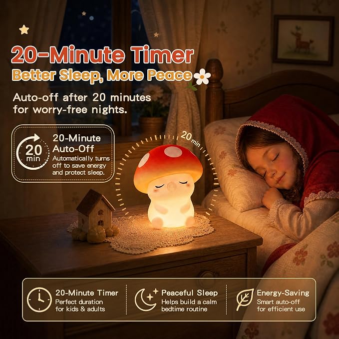 FAMIDUO Mushroom Night Light, Squishy Silicone Touch Bedside Nursery Lamp | Warm Glow, Safe BPA-free Silicone, 20-min Auto Sleep Timer, 2 Brightness,Kids Room Decor, Baby Shower Gifts for Girls Toddler