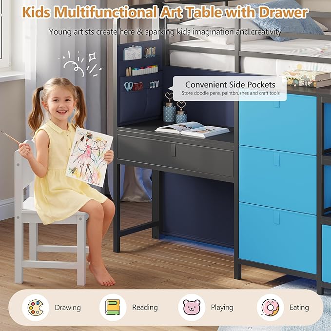 DICTAC Low Loft Bed with Desk and 6 Storage Drawers Twin Loft Bed with Bookshelf,LED Lights & Under-Bed Play Space,Kids Twin Beds with 13.8''H Safety Guardrail,Inclined Ladder&Play Curtain,Blue+Black