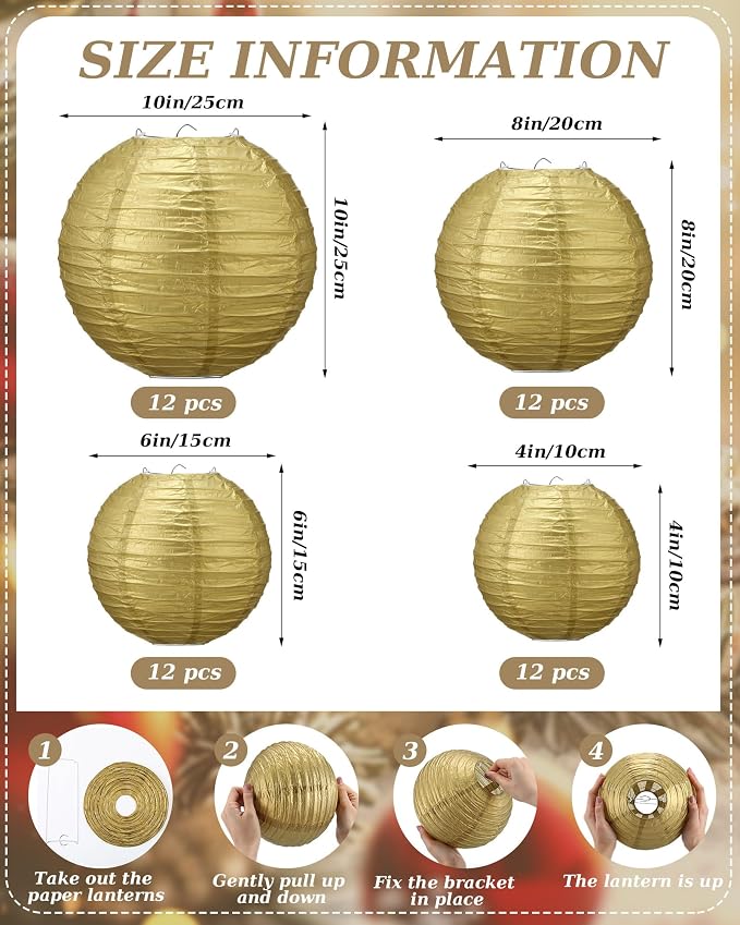 Treela 48 Pcs Paper Lanterns Party Decorations Round,Gold | Chinese Hanging Lamps, Wedding, Party Supplies, Birthday Bridal, 4/6/8/10 Inch, Easy Setup, Asian Decor, Festive Atmosphere