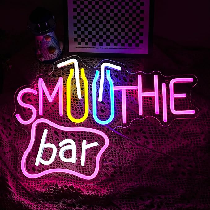 Smoothie Bar Neon Sign Dimmable Led Drink Milk Tea Neon Light For Wall Decor Neon Light Bar Sign By USB Powered Light Up Cool Smoothie Sign For Living Room Store Beverage Shop Restaurant Bar (Multicolour 15.9‘’*11.2‘’ ）