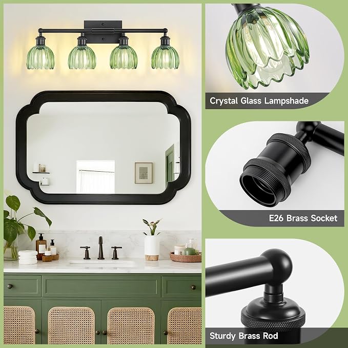 Vanity Lighting Fixtures,4 Light Bathroom Vanity Light,Black Bathroom Light Fixtures Over Mirror,27.2 in Vintage Sconce with Green Tulip Glass Shade for Bedroom,Dressing Table, E26 Base
