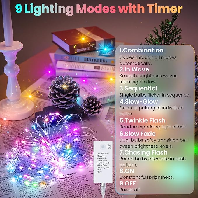 Mlambert LED Fairy Lights Battery Operated with Timer, Rechargeable Mini Twinkle Lights for Christmas Decor Holiday Party, 32.8FT(16.4x2), Multicolor