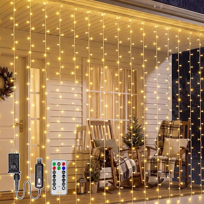 Ollny Curtain Lights 600 LED 19.7x9.8ft, Outdoor Waterproof String Lights for Backdrop, Fairy Light with Remote Timer 8 Modes, Plug in Christmas Light for Wall Wedding Patio Gazebo, Warm White