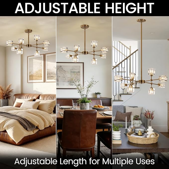 8-Light Gold Crystal Chandelier Modern Sputnik Chandeliers for Dining Room Adjustable Height Sputnik Ceiling Light Fixture for Living Room Kitchen Island Bedroom