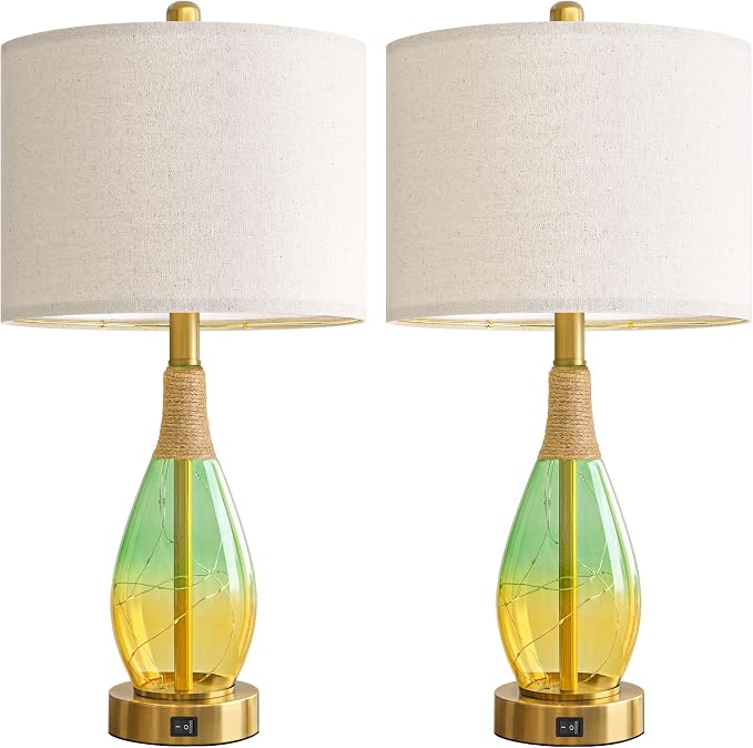 23" Table Lamps Set of 2,Farmhouse Lamps with Glass Nightlight, Bedside Lamps for Living Room, Rattan Lamps for Bedroom Nightstands, Two Light Points