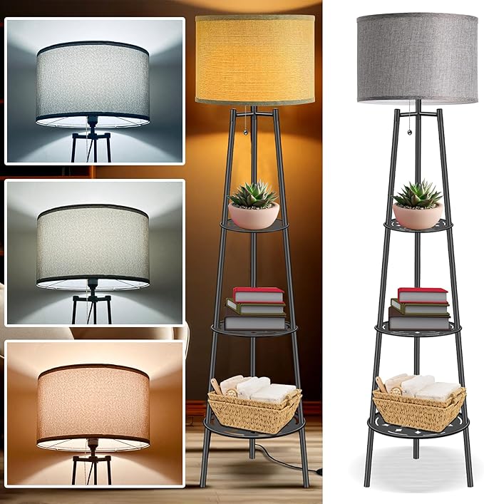 Floor Lamp with Shelves, Modern Standing Lamp with 3 Color Temperature LED Bulbs, Corner Floor Lamps for Living Room & Bedroom, Lamparas Elegantes para Sala (Gray Lampshade, 1)