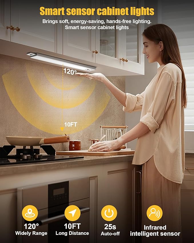 Under Cabinet Motion Sensor Lighting - 16 Inch Wireless Under Cabinet Lighting, Rechargeable with Magnetic Mount, 5CCT Adjustable for Kitchen/Hallway (White, 2-Pack)