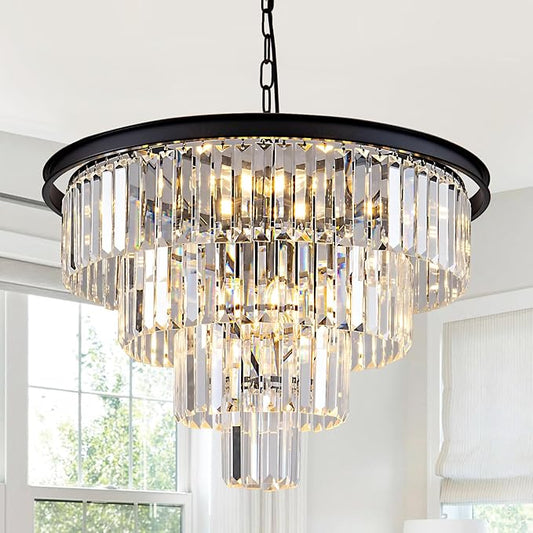 10 Light Black Crystal Chandelier 24'' Modern Round Chandeliers for Dining Room Contemporary Ceiling Pendant Light Fixture 4-Tier Adjustable Height E12 for Living Room Foyer Entryway