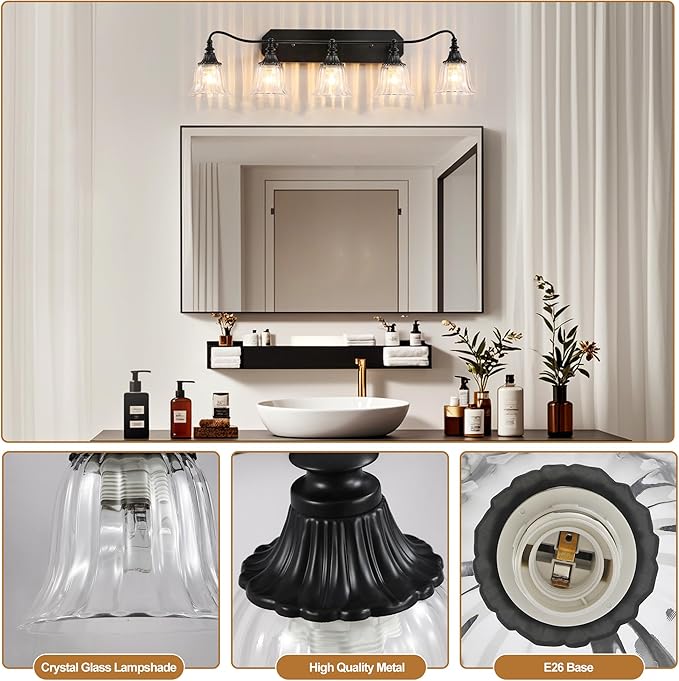 Bathroom Vanity Black Vintage Light Fixture, 5 Lights Bathroom Lighting Matte Antique Brass Finish with Crystal Glass Shade, Black Vintage Vanity Light
