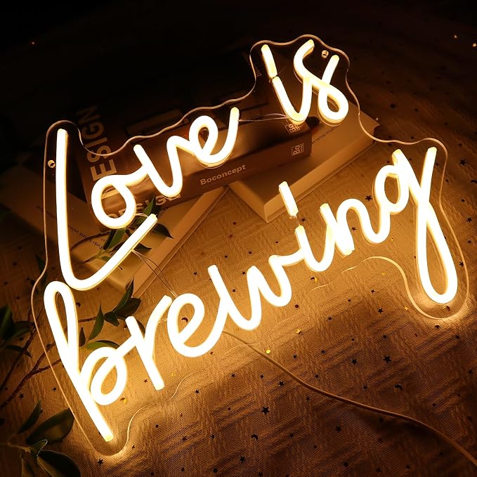 Love Is Brewing Neon Sign for Wall Decor, 15.75 x 12.2" Warm White Led Signs for Bridal Shower, USB Dimmable Neon Lights for Bedroom Home Coffee Themed Bar Wedding Engagement Party