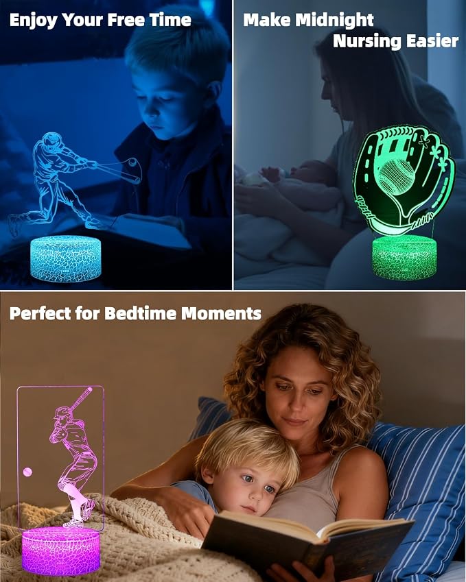 Baseball 3D Illusion Night Light, 3 Patterns, Lamp Gift for Kid | 16 Colors Changing, Dimmable, Touch & Remote Control, Boy Girl Bedroom Room Décor, Birthday Christmas Toy Teen Sports Fan