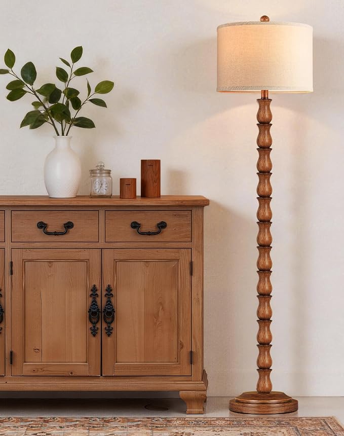 63.5" Rustic Floor Lamp for Living Room, Farmhouse Floor Lamp with Rotary Switch & Linen Shade, Vintage Resin Tall Standing Lamp for Bedroom Corner Office Home Decor, Light Walnut (LED Bulb Included)